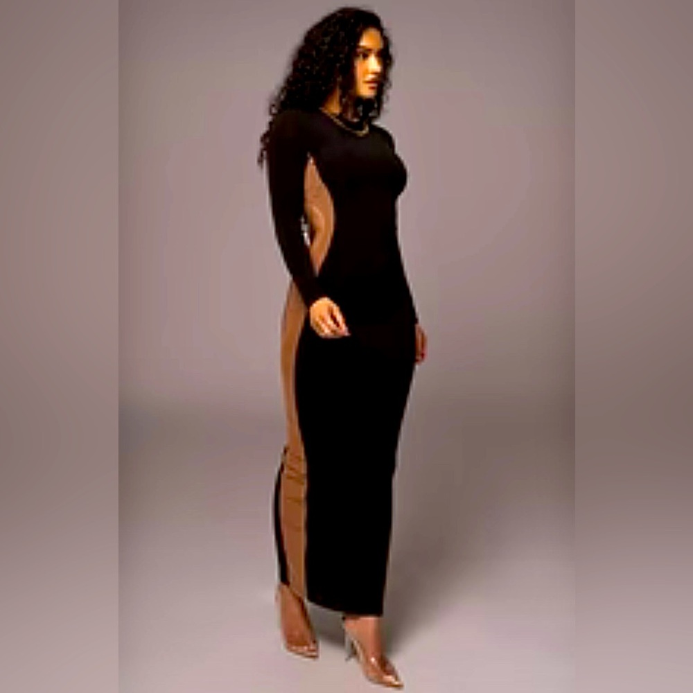 Black JLUXLABEL dress, nude mesh sides, side cut out and attached gold chains